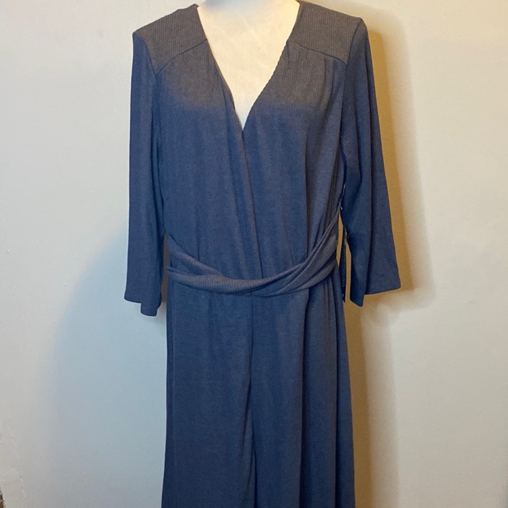 Avenue Blue Sheath Dress with V-Neck and 3/4 Sleeves